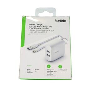 Cc8O Belkin 24W Dual Port USB‎ Wall Charger with USB-A To USB-C Cable White